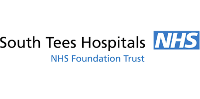 Logo, black text, South Tees Hospital, blue background, white text, NHS