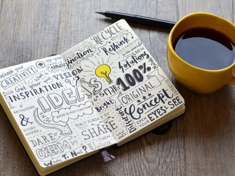 Handwritten sketch notes IDEAS in notepad on table with coffee and pen
