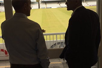 Satya Nadella and Matthew Syed at a cricket ground