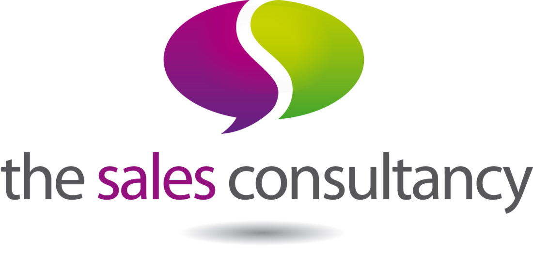 Logo, purple and green speech bubble, alternating grey and purple words, the sales consultancy