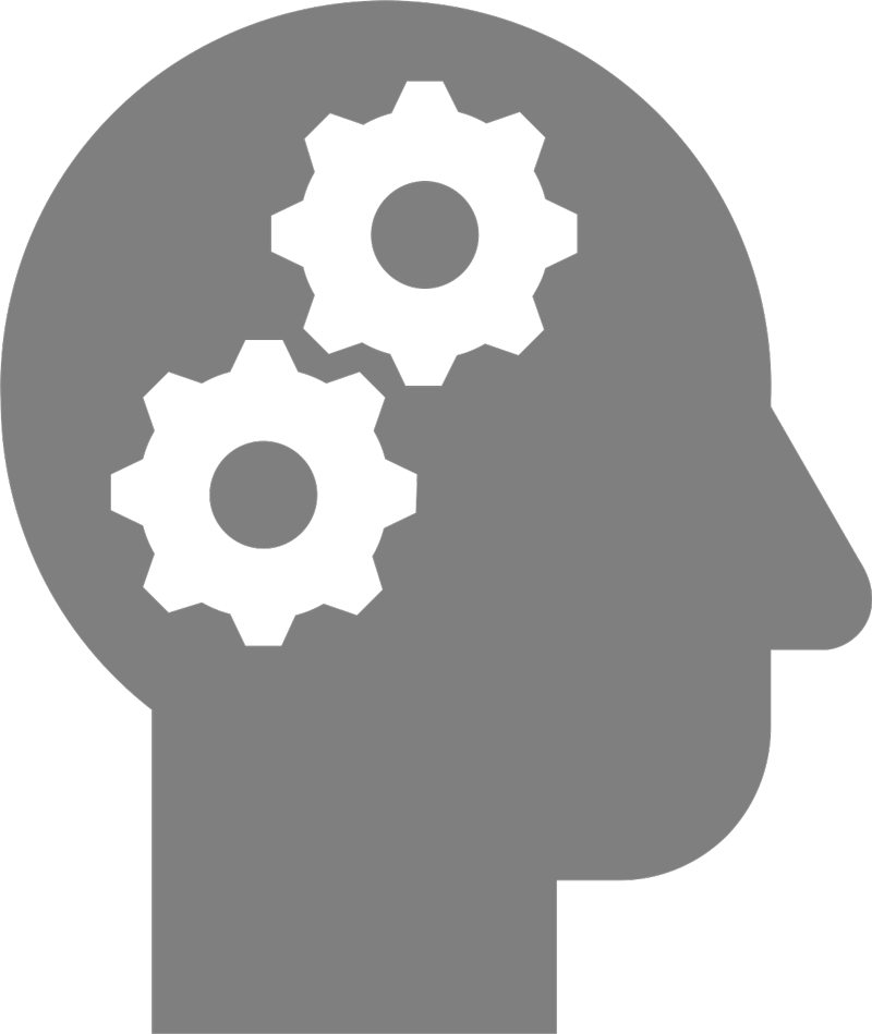 Grey icon of head with cogs inside