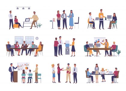 Nine Illustrations Showing Different Types of Meetings