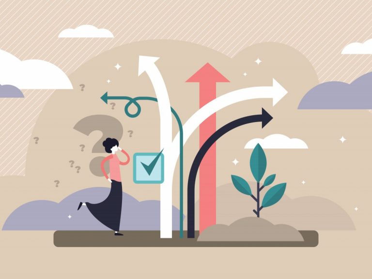 Illustration showing a person making a decision with arrows branching in different directions