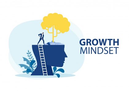 Illustration of Planting a Tree on a Head with the words Growth Mindset