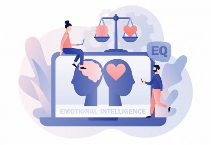 Illustration showing weighing scales with a brain on one side and a heart on the other side with the words Emotional Intelligence