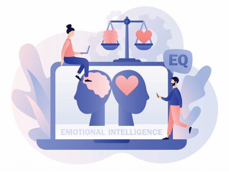 Illustration showing weighing scales with a brain on one side and a heart on the other side with the words Emotional Intelligence