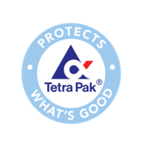 Logo, light blue circle with white words, Protects What's Good with dark blue and red Tetra Pak symbol inside
