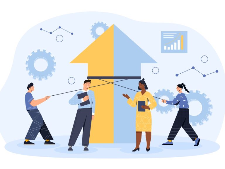 Illustration of business persons working together to align two parts of an arrow in yellow and grey