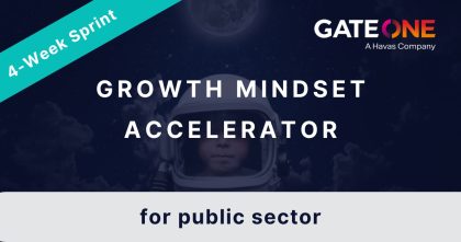 Thumbnail image for a workshop package: A photo of a child in an astronaut costume in space is overlayed with the title: "growth mindset accelerator" Subtitle: "for public sector" Banner across one corner reads: "4-week sprint"