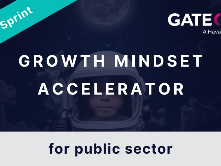 Thumbnail image for a workshop package: A photo of a child in an astronaut costume in space is overlayed with the title: "growth mindset accelerator" Subtitle: "for public sector" Banner across one corner reads: "4-week sprint"