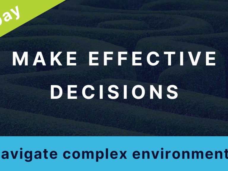 Thumbnail image for a workshop package: A photo of a maze is overlayed with the title: "Make effective decisions" Subtitle: "Navigate complex environments" Banner across one corner reads: "One Day"