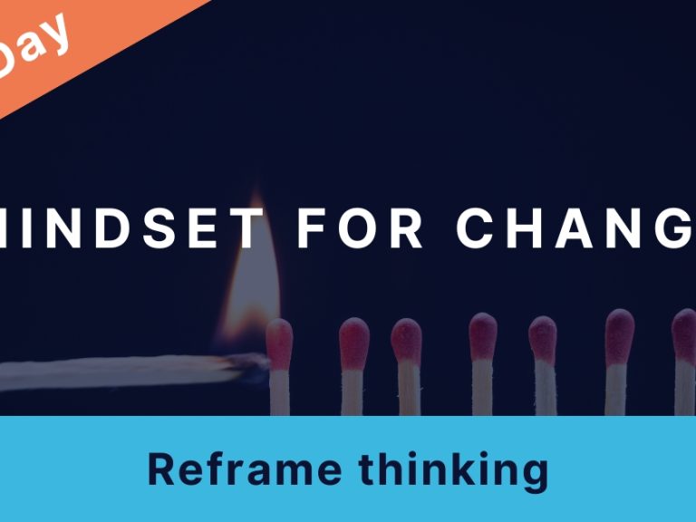 Thumbnail image for a workshop package: A photo of a match lighting a row of unlit matches is overlayed with the title: "Mindset for change" Subtitle: "Reframe thinking" Banner across one corner reads: "Half Day"