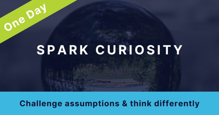 Thumbnail image for a workshop package: A photo of a round orb reflecting back an image is overlayed with the title: "Spark curiosity" Subtitle: "challenge assumptions & think differently" Banner across one corner reads: "One Day"