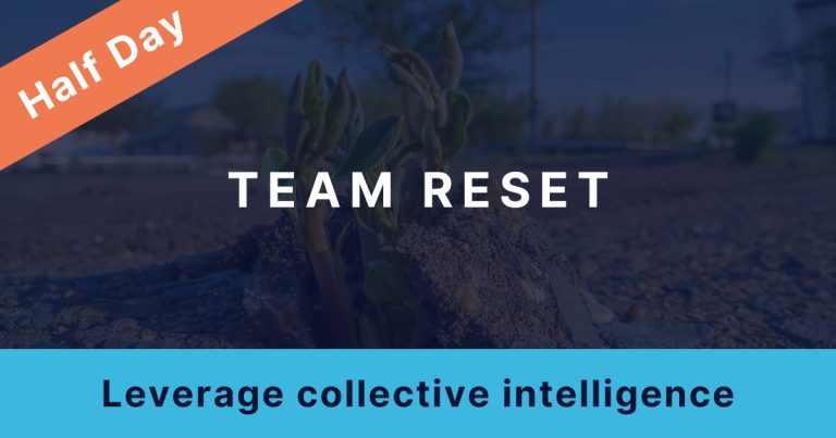 Thumbnail image for a workshop package: A photo of a plant breaking through tough, dry ground is overlayed with the title: "Team Reset" Subtitle: "Leverage collective intelligence" Banner across one corner reads: "Half Day"