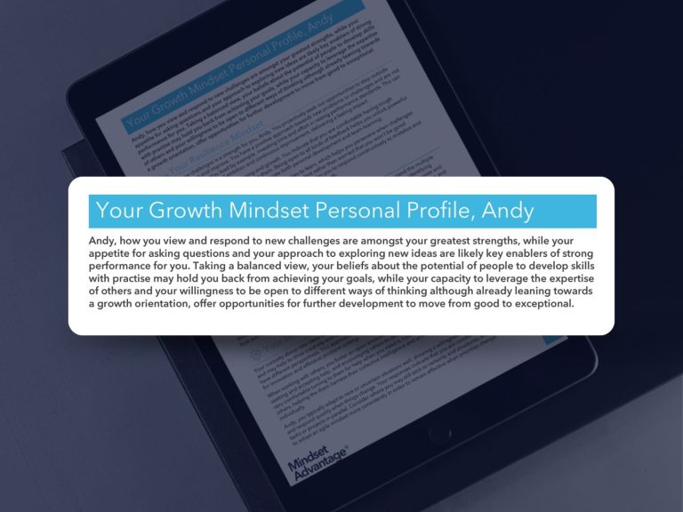 A personalized feedback intro screen from the Mindset Advantage BPS-registered psychometric tool, customized for "Andy." The assessment provides insights into strengths for challenge response and problem-solving curiosity, framing personal growth towards high performance and strategic goals within a corporate learning culture.
