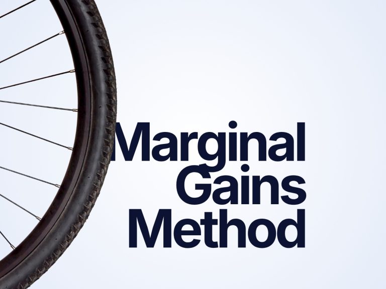 A close-up crop of a black bicycle wheel and spokes against a light gray background, next to large bold text that reads: "Marginal Gains Method".