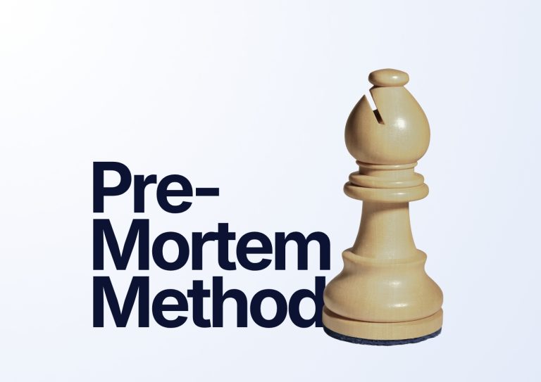 A light wood chess bishop piece standing on a white background, next to large bold text that reads: "Pre-Mortem Method".