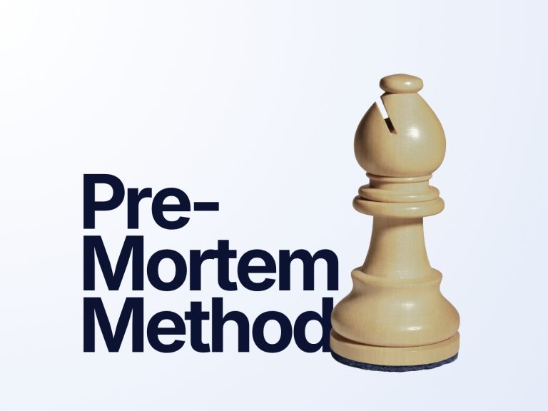 A light wood chess bishop piece standing on a white background, next to large bold text that reads: "Pre-Mortem Method".