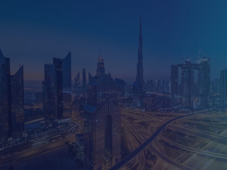 dubai skyline overlayed with dark blue