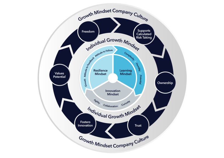 Model depicting both the individual and company culture elements of growth mindset.